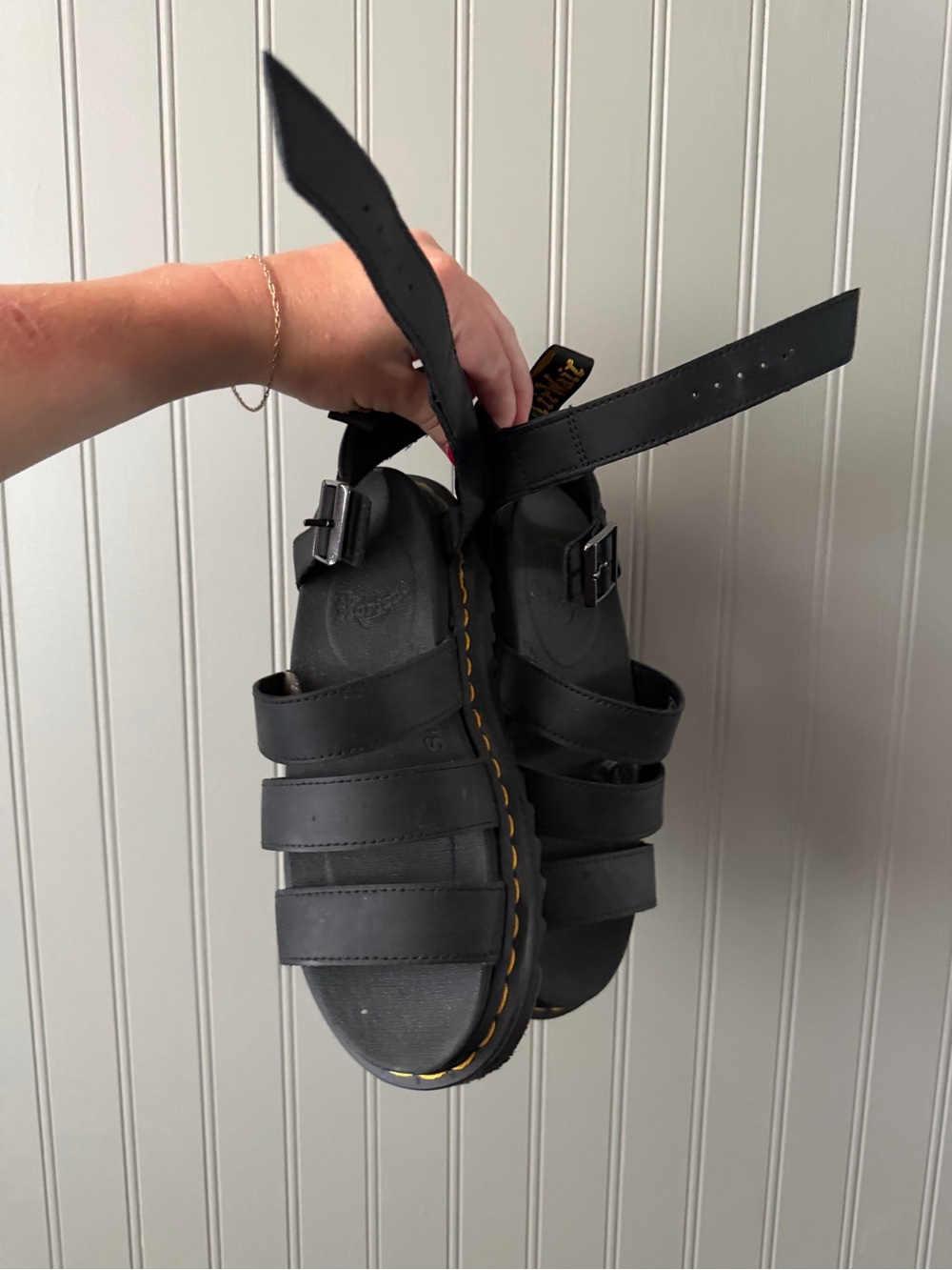 Dr. Martens Black Leather Strappy Buckle Sandals with Yellow Stitching